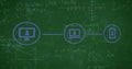 Image of network of media icons over mathematical equations on chalkboard