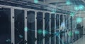Image of network of medical icons, light spot and plexus networks against computer server room