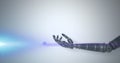 Image of network processing data over hand of robot arm, with moving light on grey background Royalty Free Stock Photo