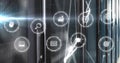 Image of netwrok of connections with icons and data processing over computer servers Royalty Free Stock Photo