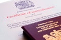 Image of the new issued pre brexit style British passports with naturalization certificate Royalty Free Stock Photo
