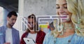 Image of nft text, dots over navigation pattern against smiling caucasian woman using smartphone Royalty Free Stock Photo