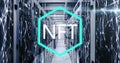 Image of nft text over network of connections and server room Royalty Free Stock Photo