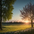 a nice sunset in a Dutch polder landscape with willow trees, ditches and cow par...