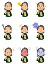 Nine facial expressions of a senior woman in a green sweater operating a smartphone