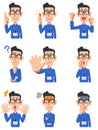 Nine kinds of gestures and facial expressions of a man wearing an employee ID card, glasses and a blue shirt