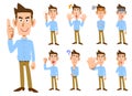 Nine kinds of gestures and facial expressions of a man wearing a light blue shirt