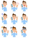 Nine poses of a man in a light blue shirt talking on a mobile phone