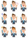 Nine poses of a man in a suit talking on a mobile phone