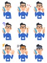 Nine poses of a man wearing an ID card, glasses and a blue shirt talking on a mobile phone