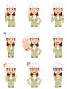 Nine types of facial expressions and gestures for the upper body of a clerical woman wearing a helmet and work clothes