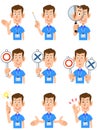 Nine types of upper body poses and facial expressions of male staff wearing short-sleeved polo shirts and name tags 2