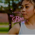 Image of no bra day over midsection of asian woman jogging