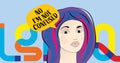 Image of no i\'m not confused text on speech bubble over person and lgbtq rainbow text