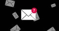 Image of number of new emails and envelopes floating over black background Royalty Free Stock Photo