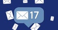 Image of number of new emails and envelopes floating over blue background Royalty Free Stock Photo