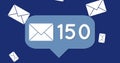 Image of number of new emails and envelopes floating over blue background Royalty Free Stock Photo