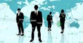 Image of numbers changing with black silhouettes of business people over world map on blue backg Royalty Free Stock Photo