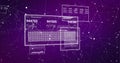 Image of numbers changing and data processing on computer screens over purple background