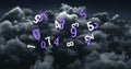 Image of numbers changing over stormy clouds in background