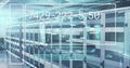 Image of numbers and data processing on screen over computer servers Royalty Free Stock Photo