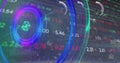 Image of numbers, processing circle, neon shapes and financial data on digital screen Royalty Free Stock Photo