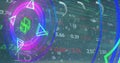 Image of numbers, processing circle, neon shapes and financial data on digital screen Royalty Free Stock Photo