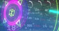 Image of numbers, processing circle, neon shapes and financial data on digital screen Royalty Free Stock Photo