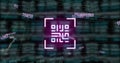 Image of numbers, qr code and data in digital space