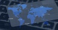 Image of numbers and world map over laptop keyboard