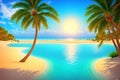 Oasis, body of water with palm trees in the sand desert at sunset, palm trees over water in the dunes, 3d Royalty Free Stock Photo