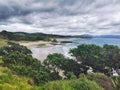 An image of the ocean beach in New Zealand hedged by large green trees under cloudy sky