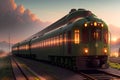 Panoramic View of a Green Colored Classic Locomotive Train during Sunset and Amidst Clouds. AI generated