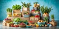 Showcase Fresh Produce and Culinary Delights Perfectly Stacked Boxes on a Light Blue Background Ideal for Food Royalty Free Stock Photo