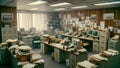 An image of the office of a newspaper or magazine company on the verge of bankruptcy. AI generated image.