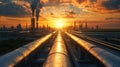 The image of an oil refinery at sunset represents the evolving energy landscape, where the transition to renewables affects Royalty Free Stock Photo