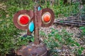 Old, abandoned, colorful, railroad equipment, wooden tracks, old pallet, train antique in forest Royalty Free Stock Photo