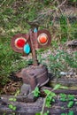 Old, abandoned, railroad piece, colorful gear, switch, train track thing, four directional, train station piece