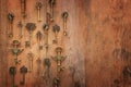 Image of old antique keys over wooden background. Top view, flat lay