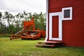 Antique Combine and Red Barn