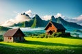 Old cottage photo in the morning with mountain background and foggy and cloud moving around perfect view