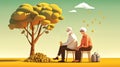 Elderly people pensioners sitting on a bench in the park. Vector illustration