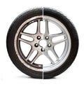 Image of old refurbished tyre showing before and after conditions concept of restoration or improvement Royalty Free Stock Photo
