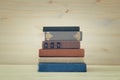 Image of old vintage books on a wooden shelf Royalty Free Stock Photo