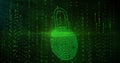 Image of online biometric fingerprint security padlock, binary coding and data processing Royalty Free Stock Photo