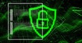 Image of online security padlock, binary coding and data processing