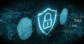 Image of online security padlock, biometric fingerprint and data processing over world map