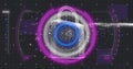 Image of online security padlock, scope scanning and data processing over grid in background Royalty Free Stock Photo