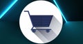 Image of online shopping trolley icon on blue glowing background