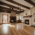 Open concept living room with fireplace wooden beams black door frames and autumn colors Royalty Free Stock Photo